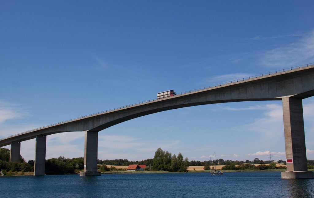 transportation, bridge, nature, truck, blue, cloud, sea, water, jutland, denmark, boat